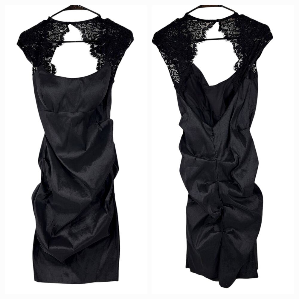 Xscape Lace Sheath Dress 14 Womens Black Cap Sleeves Ruched‎ Cocktail LBD USA